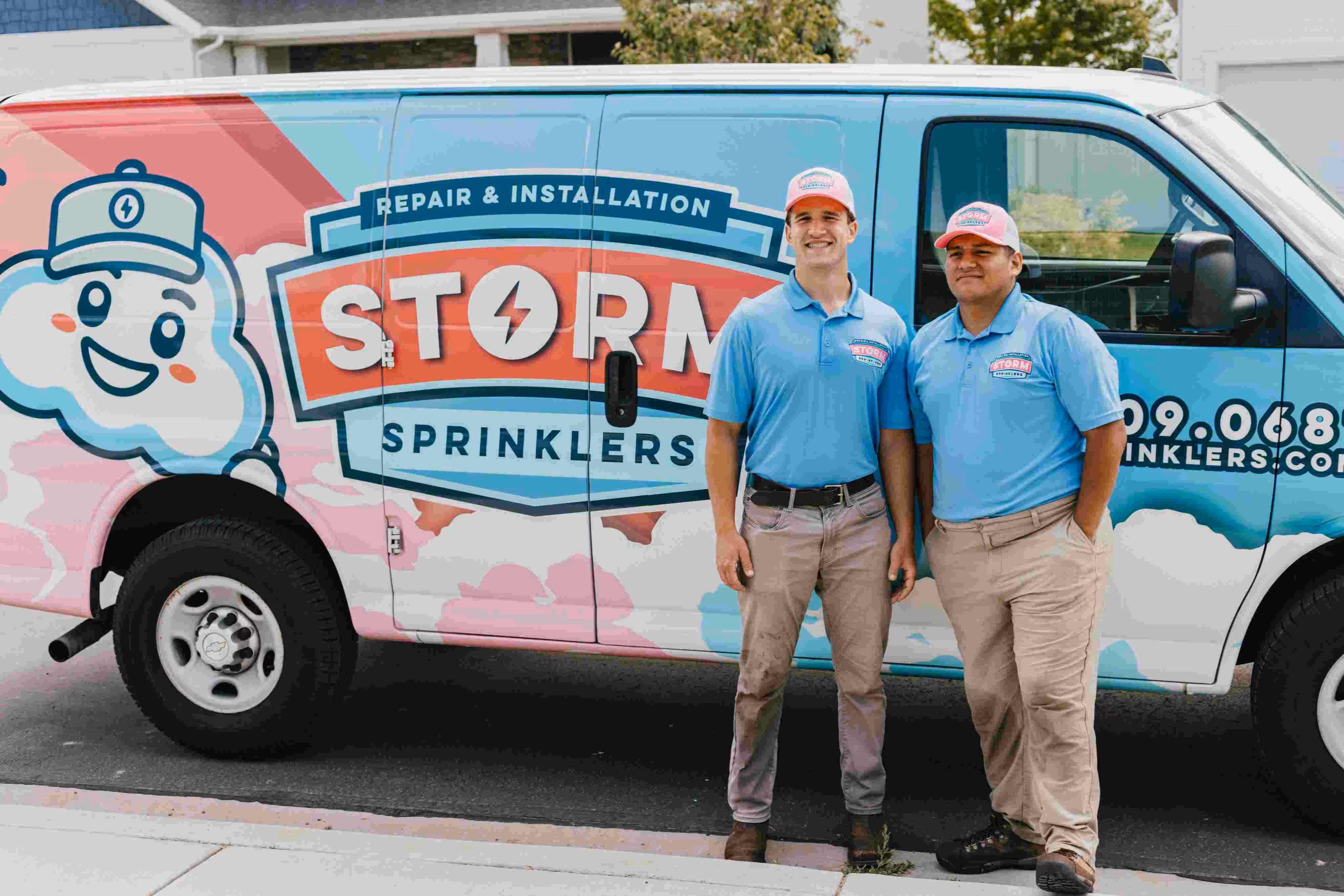 Storm Sprinklers service van and technicians for spring tune-up in Utah County and Salt Lake County