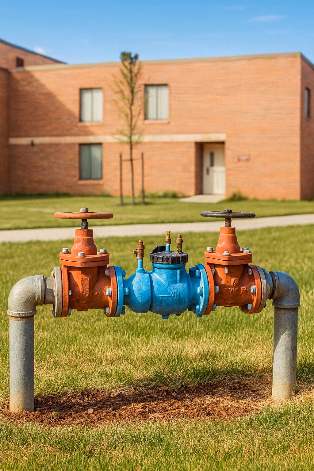 Commercial irrigation backflow preventer on a Utah property with a brick building in the background